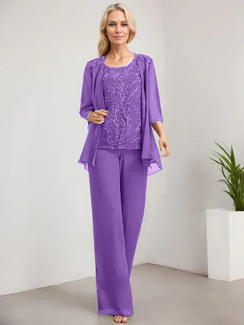 Zweiteiler Jumpsuit/Hosenanzug U-Ausschnitt bodenlanges Spitzen Chiffon Mutter der Braut Kleid mit Pailletten