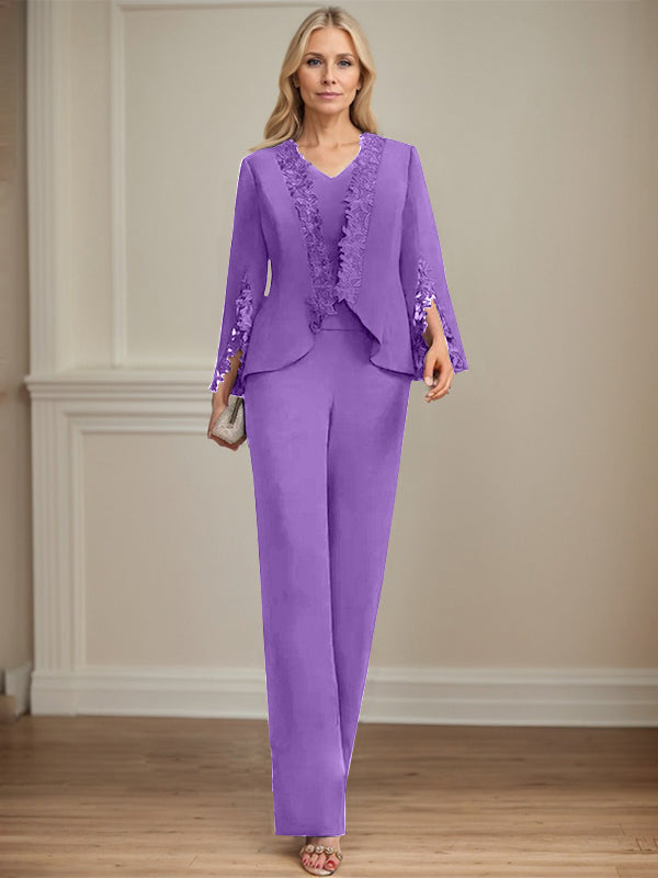 Zweiteiler Jumpsuit/Hosenanzug V-Ausschnitt bodenlanges Chiffon Mutter der Braut Kleid