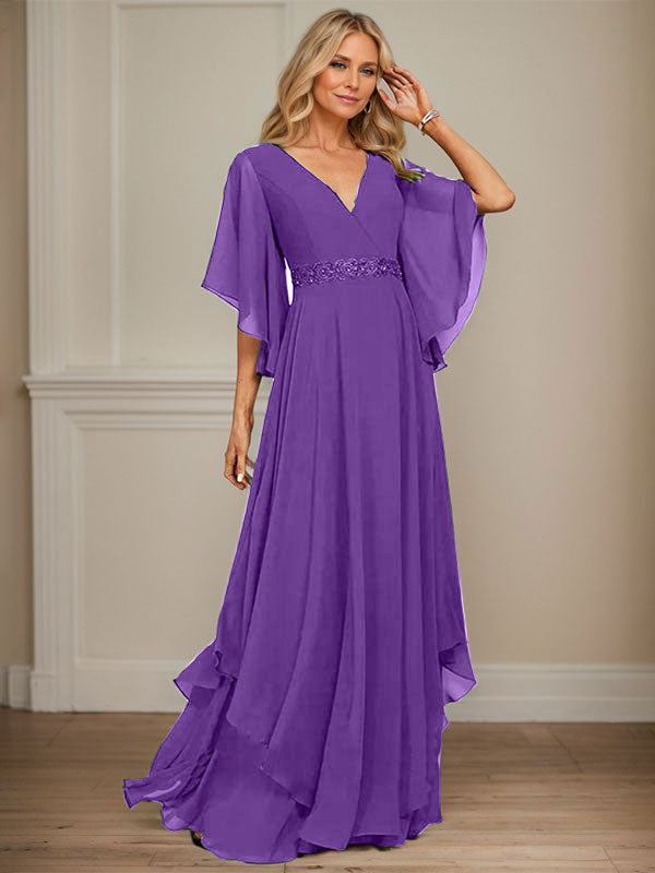 A-Linien V-Ausschnitt bodenlanges Chiffon-Mutter-der-Braut-Kleid mit Pailletten-Applikationen, Spitze und Perlen