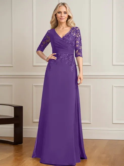 A-Linien V-Ausschnitt bodenlanges Spitzen-Chiffon Kleid der Brautmutter mit plissierten Pailletten