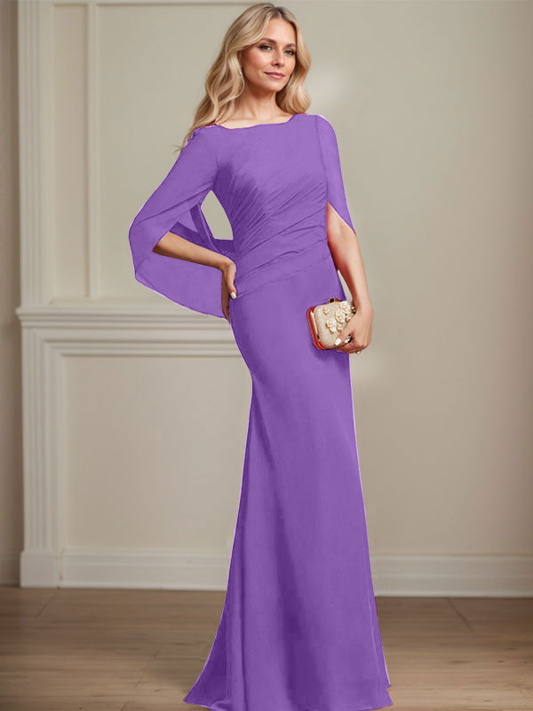 Trompeten-/Meerjungfrauen-Chiffonkleid mit Bootsausschnitt, bodenlang, plissiert, Brautmutterkleid