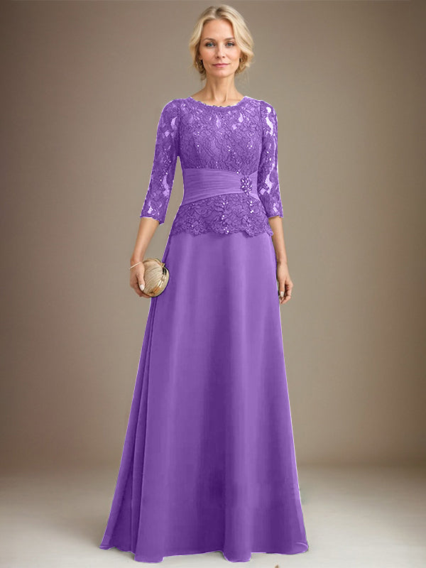 A-Linien Kleid mit Scoop-Ausschnitt, Illusion, bodenlangem Chiffon und Spitze, Mutter-der-Braut-Kleid mit plissierten Pailletten und Perlenbesatz