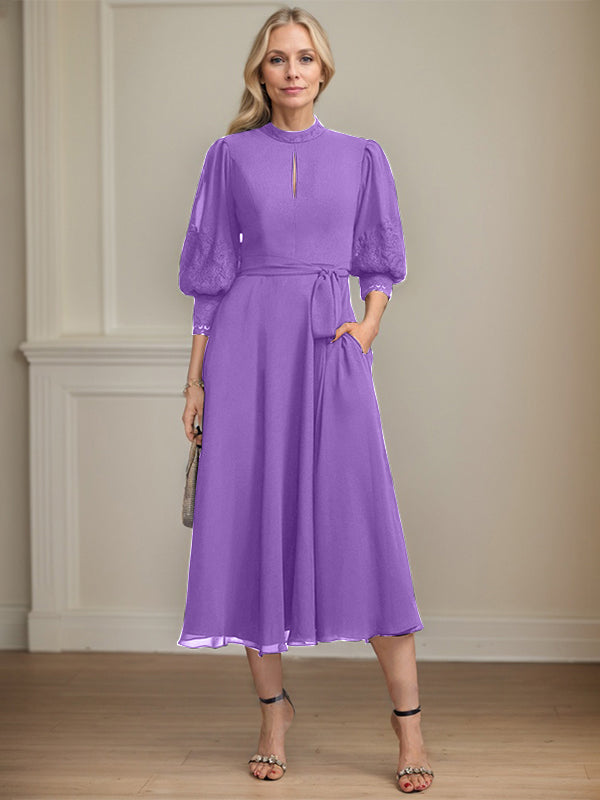 A-Linien Kleid mit hohem Kragen, tea-länge, Spitze und Chiffon, Brautmutterkleid mit Schleife