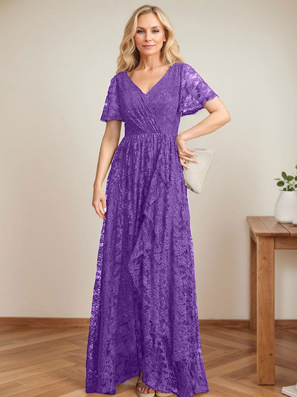 A-Linien Spitzen-Mutter-der-Braut-Kleid mit V-Ausschnitt, asymmetrisch und mit kaskadierenden Rüschen