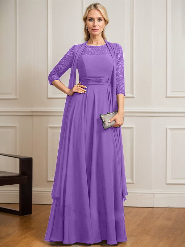 A-Linien Kleid mit Rundhalsausschnitt, Illusion, bodenlang aus Spitze und Chiffon, Mutter-der-Braut-Kleid mit Faltenwurf