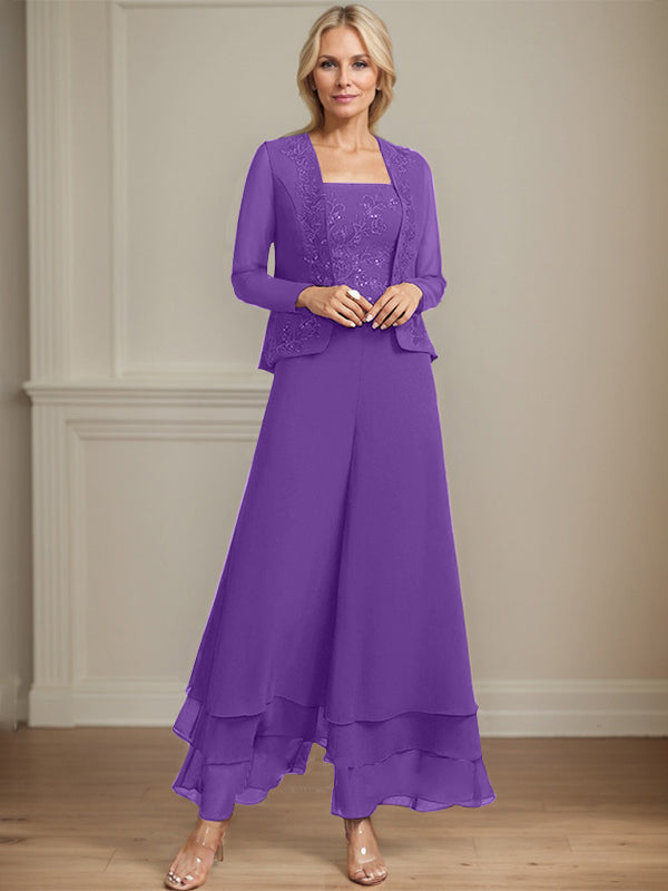 Zweiteiler Jumpsuit/Hosenanzug quadratisch knöchellang Spitze Chiffon Brautmutterkleid mit Pailletten