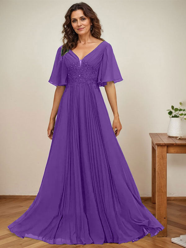 A-Linien V-Ausschnitt bodenlanges Chiffon Mutterkleid der Braut mit Pailletten-Applikationen, Spitze und Falten