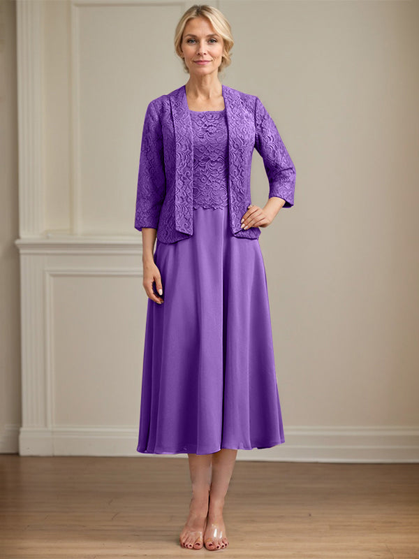 A-Linien Kleid mit Rundhalsausschnitt, tea-länge, Spitze und Chiffon, Mutter der Braut Kleid
