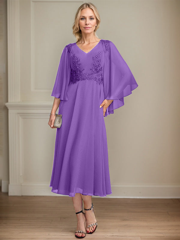 A-Linien-Brautmutterkleid aus Chiffon, V-Ausschnitt, tea-length mit Spitze, Pailletten und Perlen