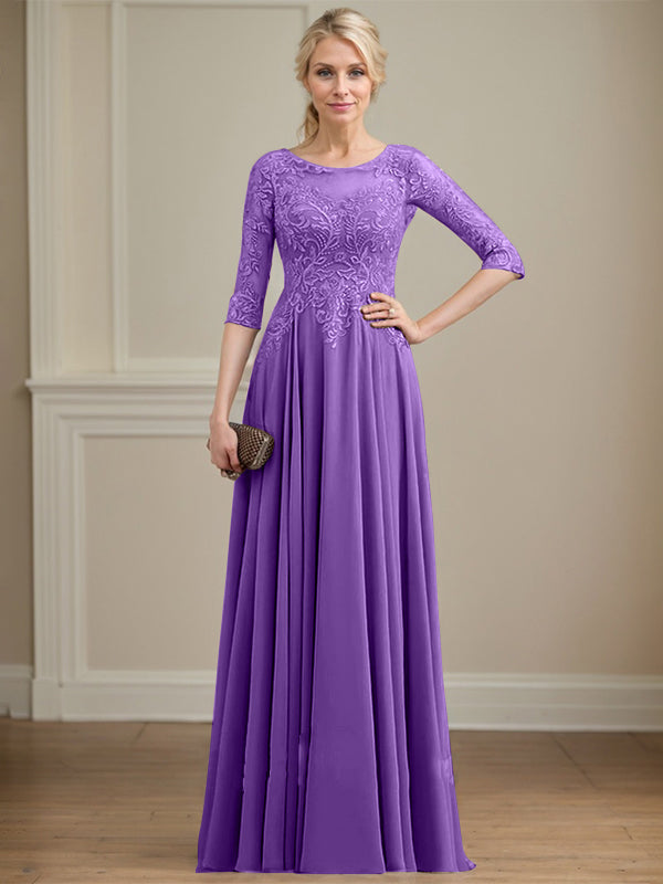 A-line Scoop Illusion Floor-Length Lace Chiffon Mother of the Bride Dress With Sequins