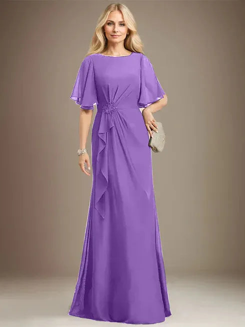 A-Linien Rundhals bodenlanges Chiffon Mutter der Braut Kleid mit kaskadierenden Rüschen Perlen Pailletten