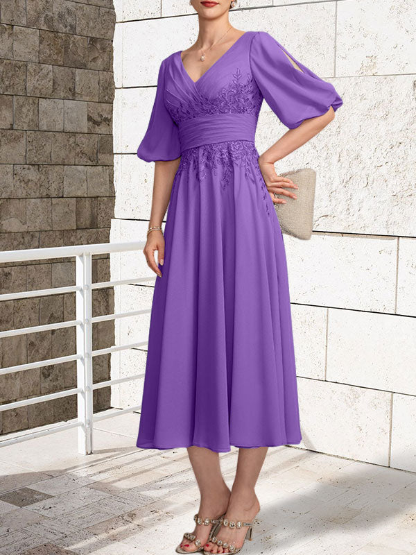 A-Linien Mutterkleid mit V-Ausschnitt, tea-length, Spitze und Chiffon mit Falten
