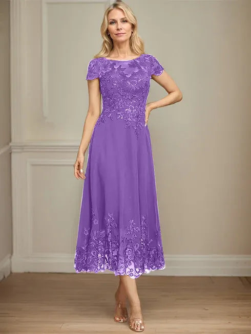 A-Linien Illusions Rundhals tea-langes Spitzenchiffon Mutter der Braut Kleid mit Pailletten