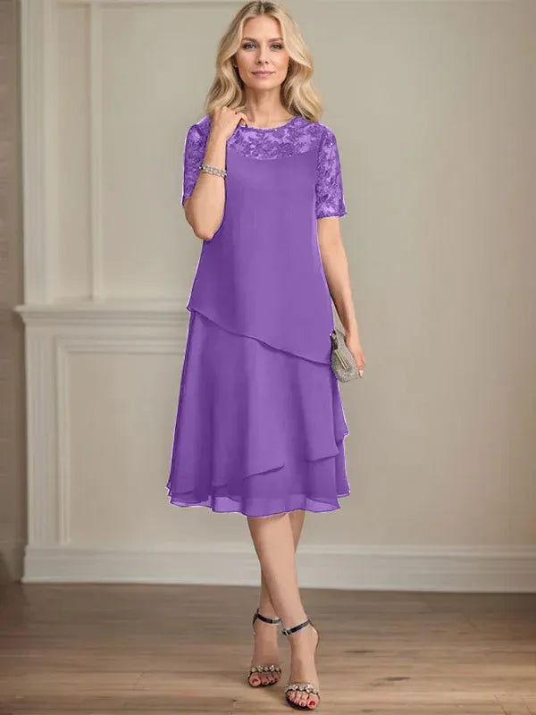 A-Linien Rundhals Illusions-Knie-Länge Spitzen-Chiffon Kleid für die Brautmutter mit Pailletten