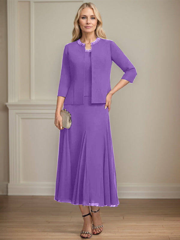 Separates A-Linien Chiffonkleid mit Rundhalsausschnitt, tea-length, Mutter der Braut mit Pailletten und Perlen