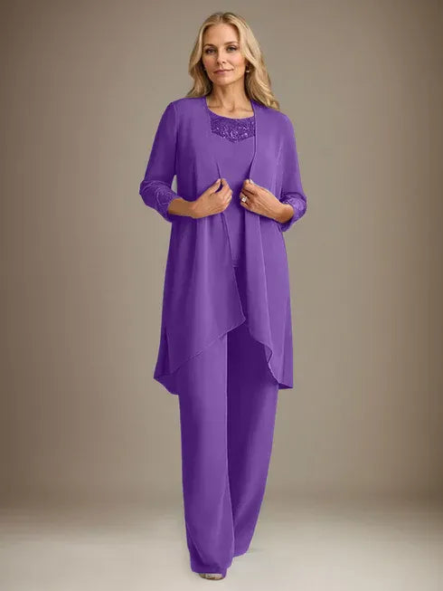 Chiffon Kleid mit Rundhalsausschnitt und langen Ärmeln, Mutter-der-Braut Hosenanzug mit Jacke