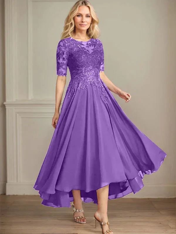 A-Linien Scoop-Ausschnitt Illusion asymmetrisches Chiffon-Spitzen-Mutter-der-Braut-Kleid mit Pailletten