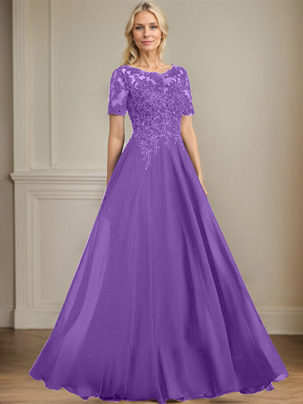 A-Linien Rundhals Illusions-Bodenlanges Chiffon-Spitzenkleid für die Mutter der Braut mit Pailletten und Perlen