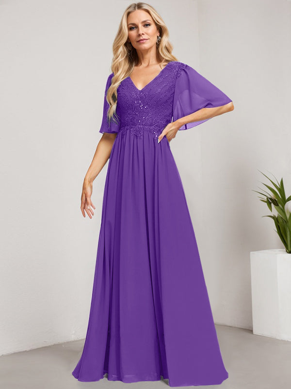 Robe mère de la mariée ligne A col en V longue en dentelle et chiffon avec sequins