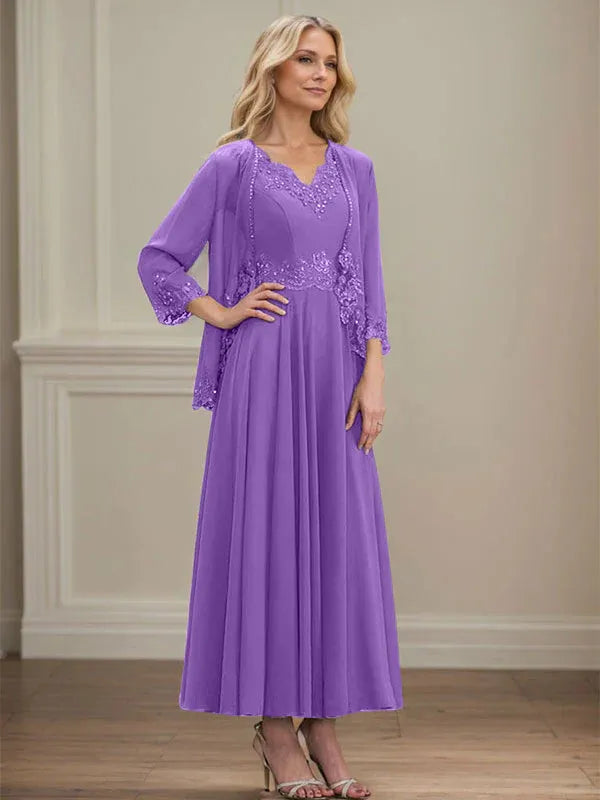 A-Linien Kleid mit V-Ausschnitt, knöchellang, aus Chiffon, Mutter der Braut Kleid mit Pailletten, Applikationen, Spitze und Perlenbesatz