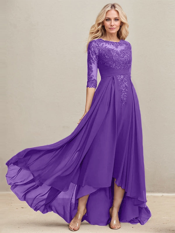 A-Linien Ausschnitt Illusions Asymmetrisches Spitzen-Chiffon Kleid für die Mutter der Braut mit plissierten Pailletten