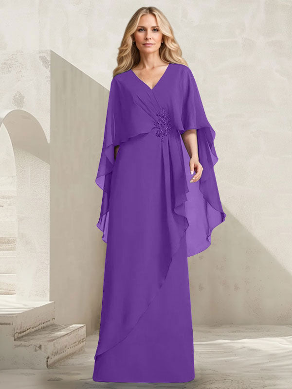 Robe mère de la mariée longue en chiffon coupe trapèze à col en V avec volants en cascade et perles