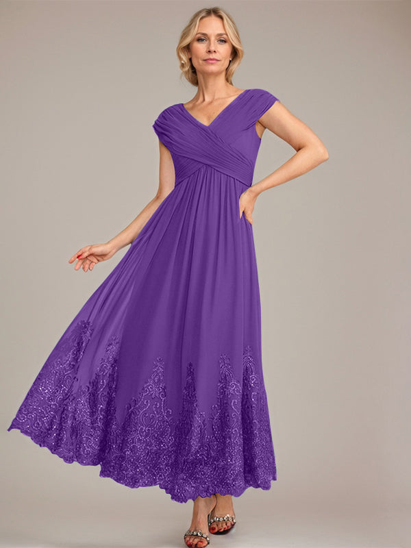 A-Linien V-Ausschnitt Knöchellanges Chiffon Kleid der Brautmutter mit Applikationen und Pailletten