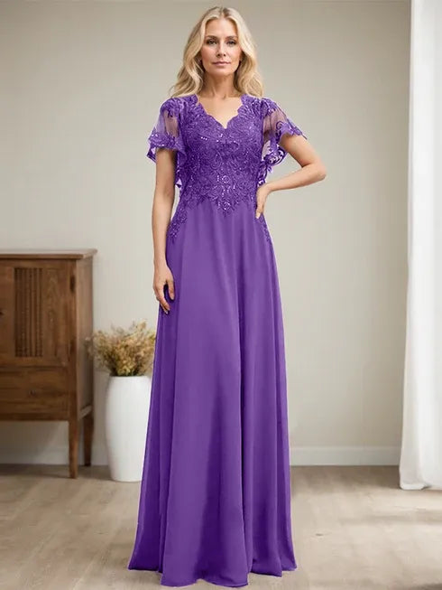 A-Linien V-Ausschnitt Bodenlanges Spitzen-Chiffon Kleid für die Brautmutter mit Pailletten
