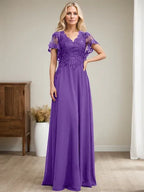 A-Linien V-Ausschnitt Bodenlanges Spitzen-Chiffon Kleid für die Brautmutter mit Pailletten