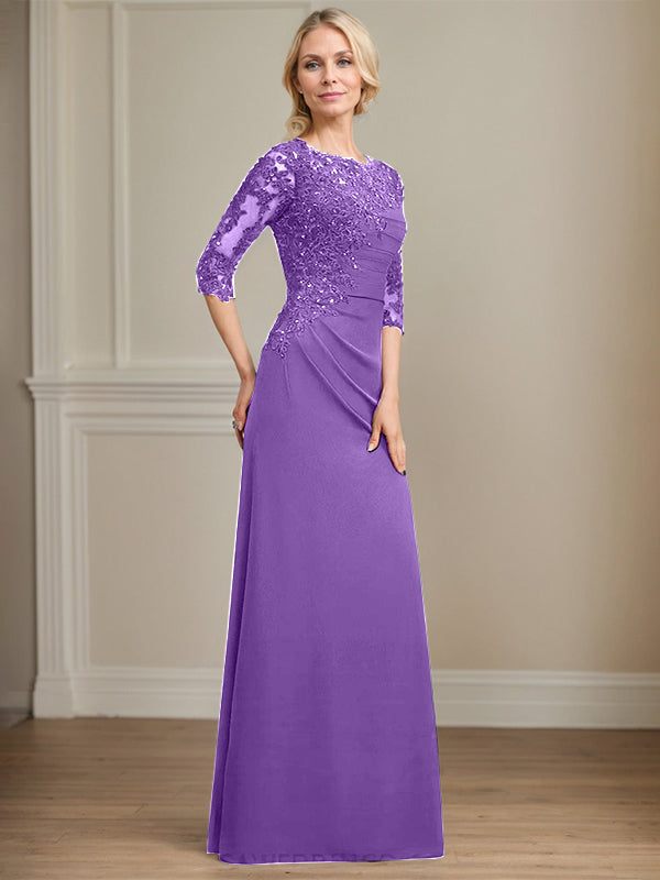 A-Linie Rundhals bodenlanges Chiffon Spitzen Brautmutterkleid mit Perlen Falten Pailletten