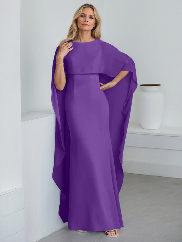 Etui-Kleid mit Rundhalsausschnitt, bodenlang, Chiffon, Mutter-der-Braut-Kleid mit kaskadierenden Rüschen