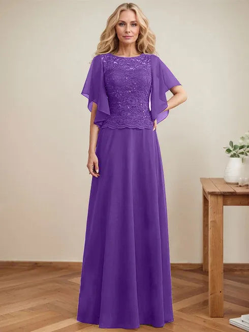A-Linien Rundhals Illusions-Bodenlanges Spitzen-Chiffon Mutter-der-Braut-Kleid mit Pailletten
