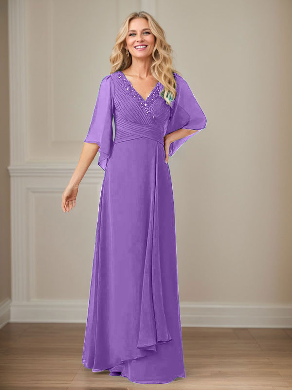 A-Linien V-Ausschnitt langes Pailletten-Chiffon Mutterkleid
