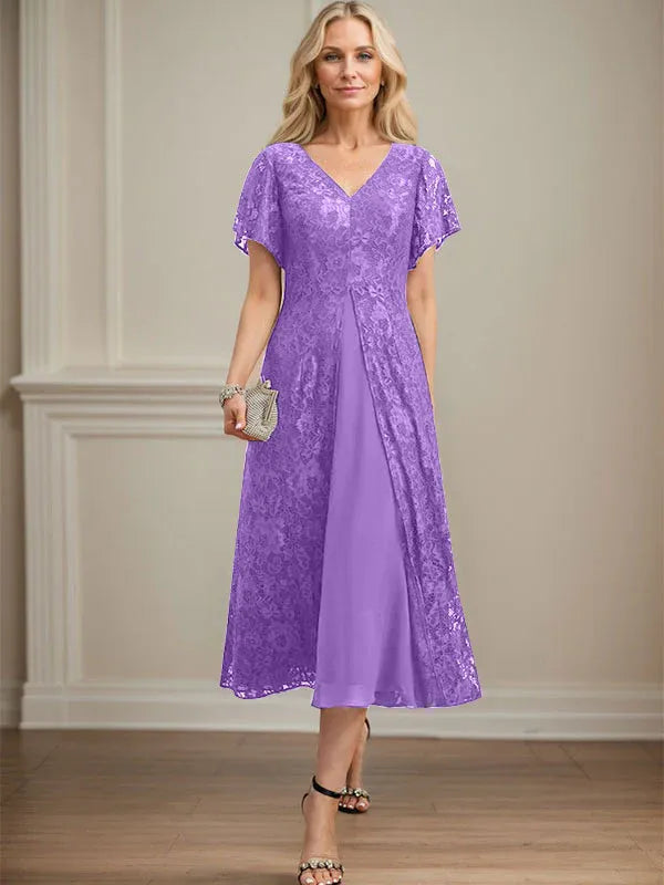 Robe mère de la mariée ligne A en dentelle et mousseline à col en V longueur thé