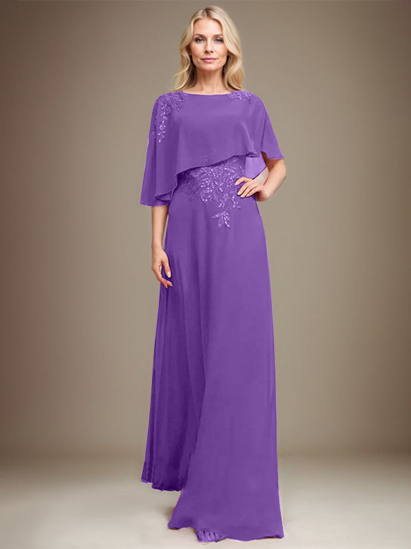 A-Linie Rundhals Bodenlanges Chiffon-Spitzenkleid für die Brautmutter mit Pailletten und Perlen