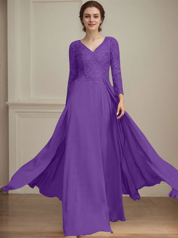 A-Linien V-Ausschnitt Bodenlanges Spitzen-Chiffon Kleid für die Brautmutter mit Pailletten