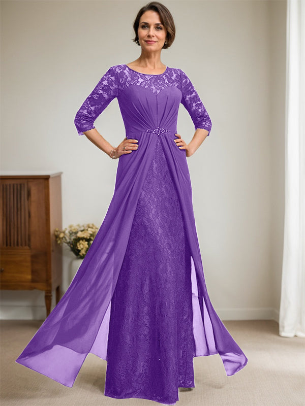 A-Linien Rundhalsausschnitt Illusions-Bodenlanges Spitzen-Chiffonkleid für die Brautmutter mit Perlen und Volants