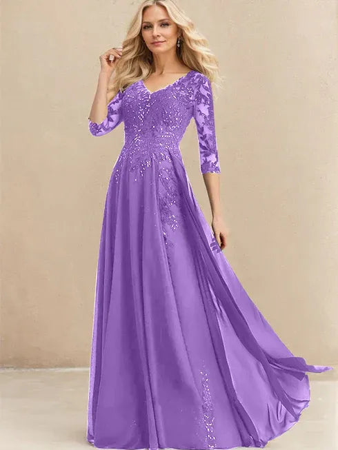 A-Linien V-Ausschnitt Bodenlanges Spitzen-Chiffon Kleid für die Brautmutter mit Pailletten