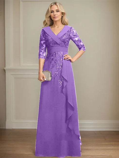 A-Linien Kleid mit Kragen, V-Ausschnitt, bodenlang, aus Spitze und Chiffon, Mutter der Braut Kleid mit Pailletten und fallenden Rüschen