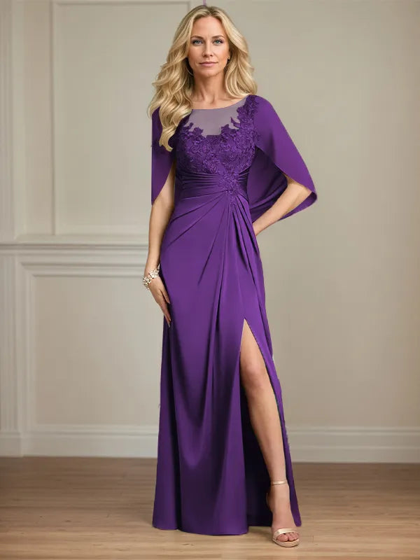 Robe mère de la mariée en satin, coupe fourreau/colonne, encolure dégagée, manches courtes, longueur au sol