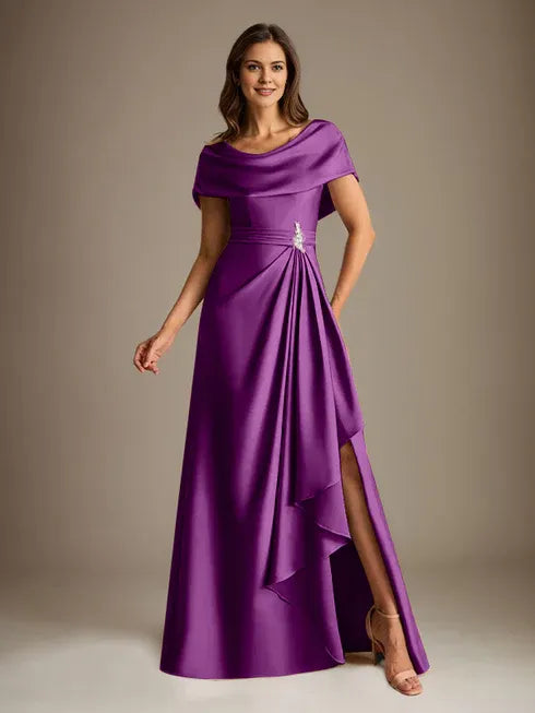 A-Linien-Kleid mit Rundhalsausschnitt, bodenlang, aus Stretch-Satin, Brautmutterkleid mit fallenden Rüschen