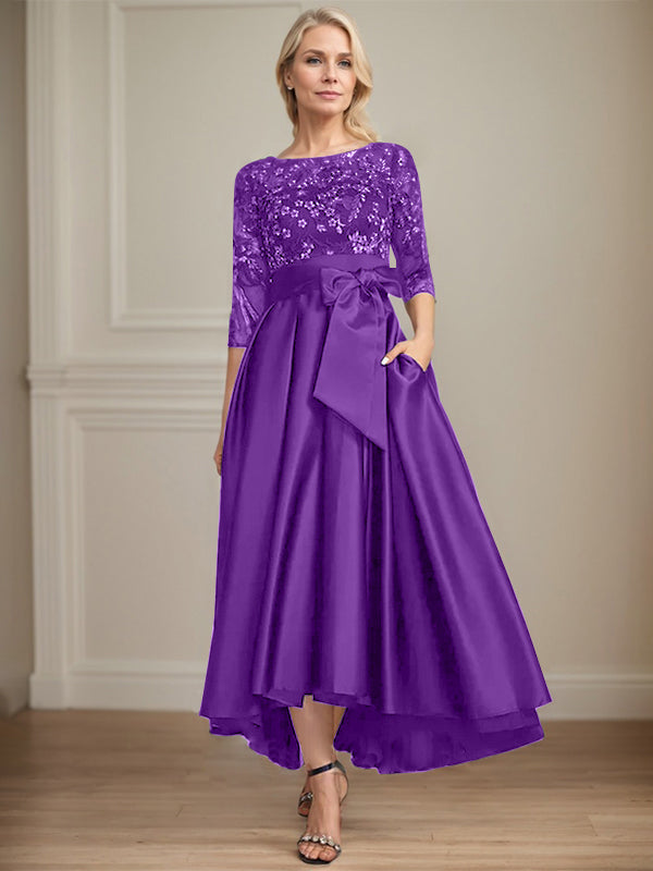 A-line Scoop Illusion Asymmetrical Satin Lace Mother of the Bride Dress With Bow