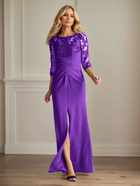 Pflaumenfarbenes eng anliegendes Spitzen Stretch Krepp Kleid für die Brautmutter