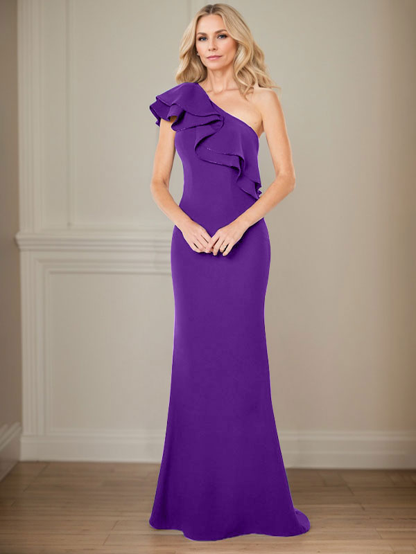Abito da madre della sposa a linea A in chiffon con una spalla, lunghezza fino a terra e volant