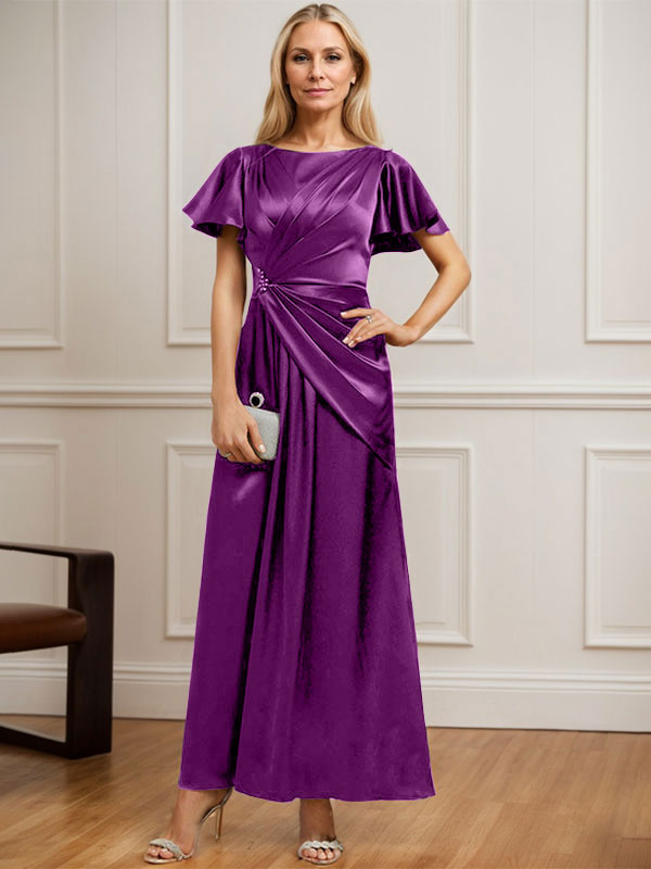 A-Linien Rundhals Knöchellanges Stretch Satin Mutter der Braut Kleid mit Plissierten Perlen