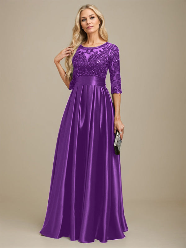 A-Linien Ausschnitt Illusions bodenlanges Stretch-Satin-Spitzenkleid für die Brautmutter mit Schleife und Pailletten