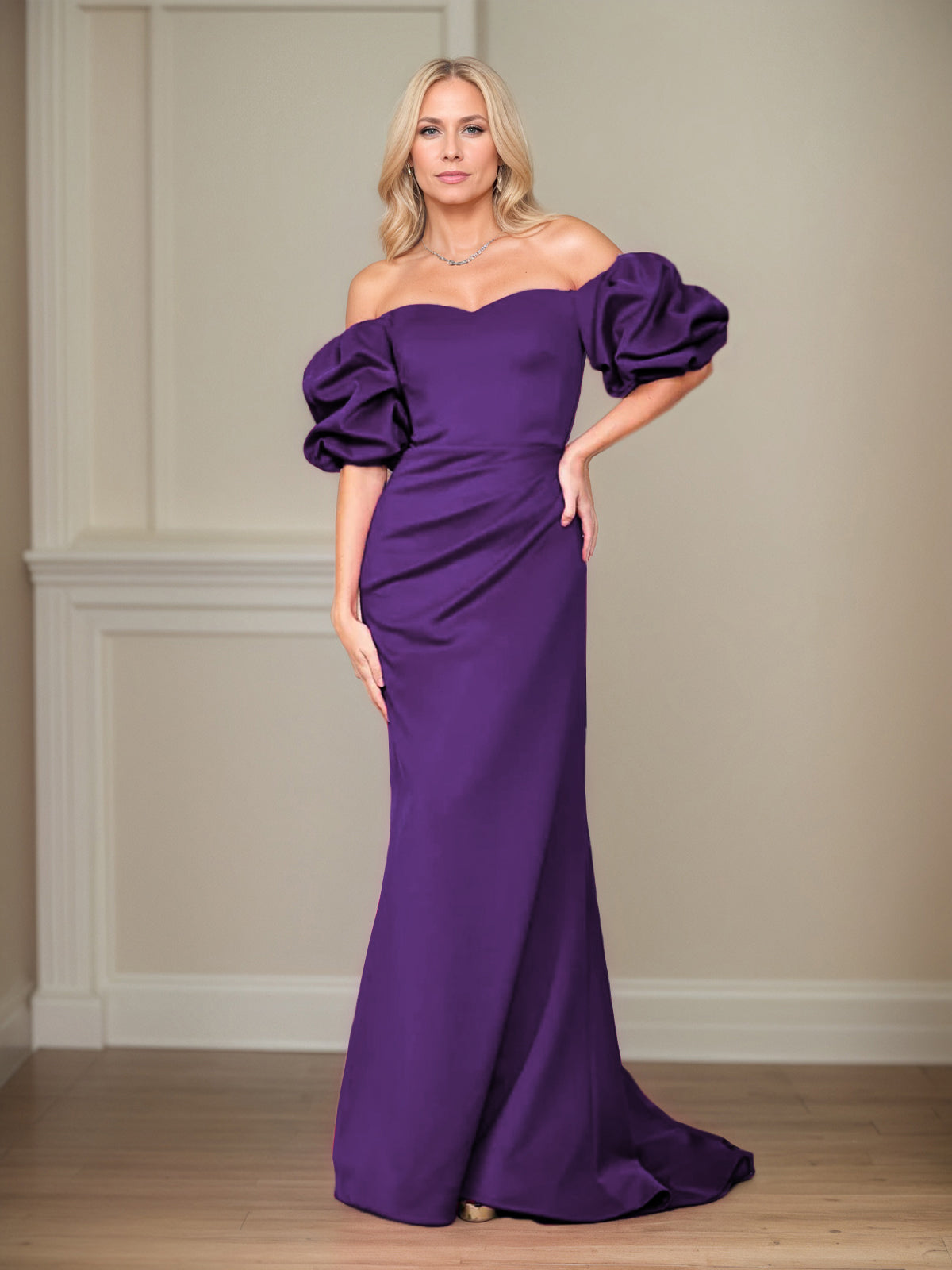 Satin Etuikleid/Säulenkleid mit schulterfreiem Puffärmel, bodenlang, Mutter der Braut Kleid