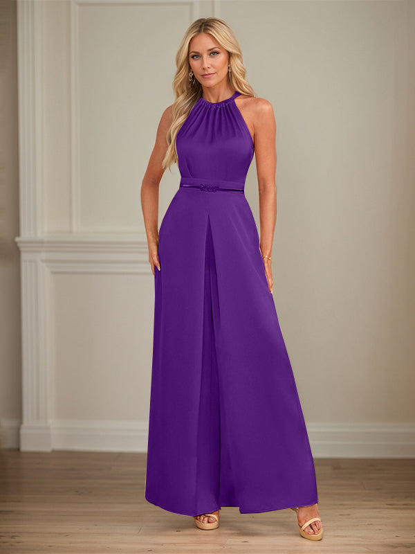 Jumpsuits Neckholder bodenlanges Satin Hochzeitskleid