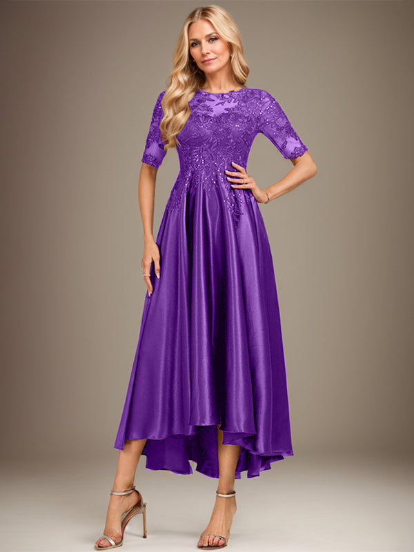 A-Linie Rundhalsausschnitt Illusion Asymmetrisches Stretch-Satin-Spitzen-Brautmutterkleid mit Pailletten
