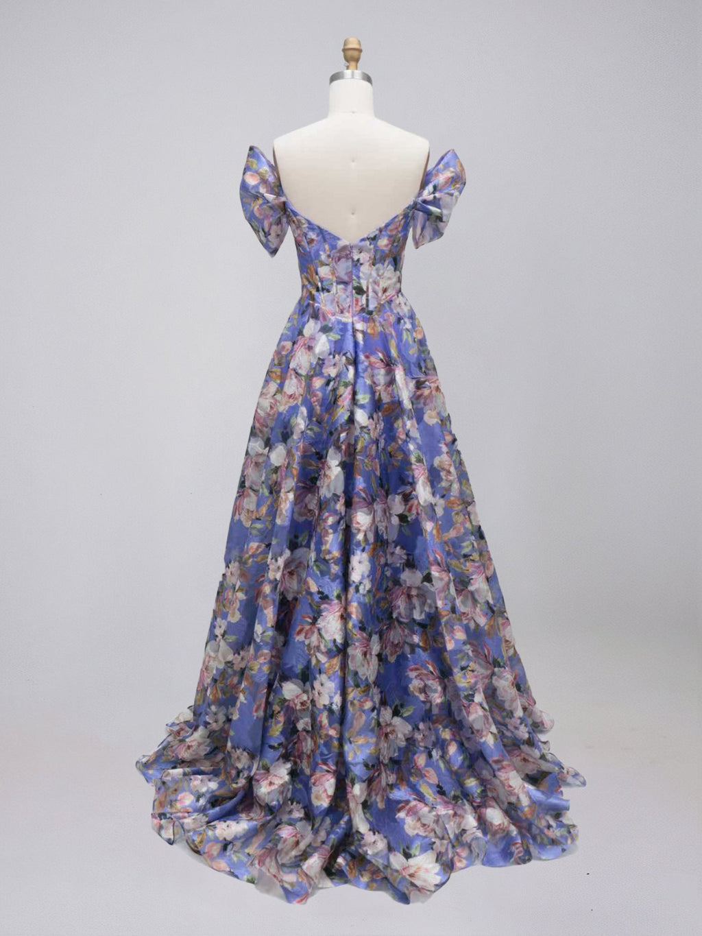 Purple Floral Print Off-the-Shoulder A-Line Prom Dress with Corset Bodice